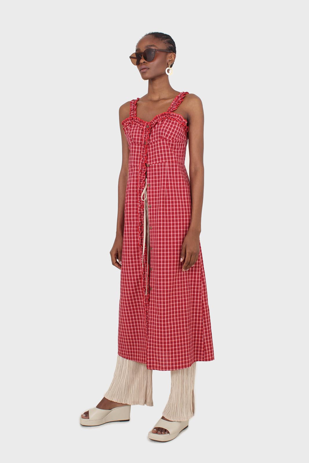 Red checked frill neckline button front midi dress