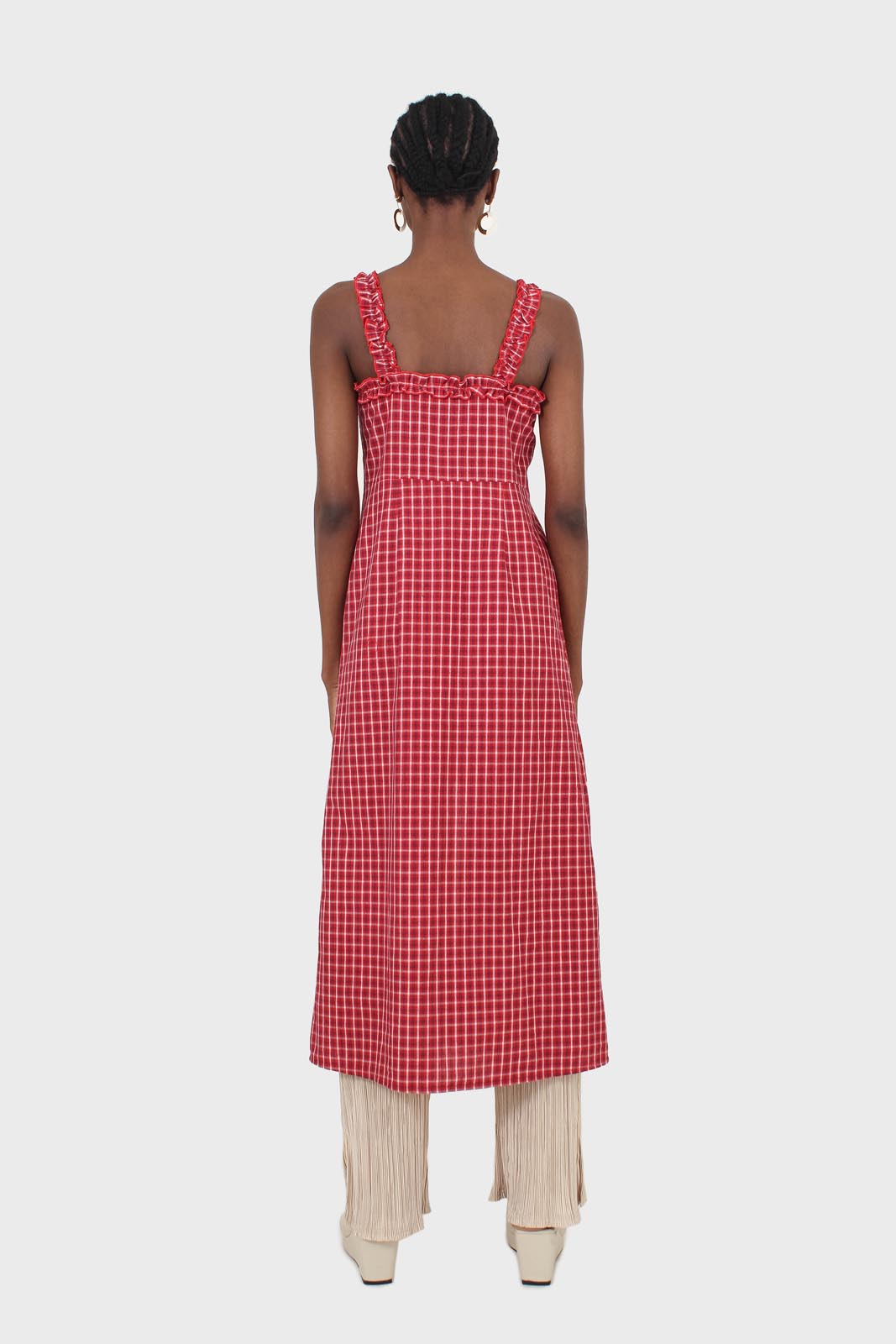 Red checked frill neckline button front midi dress