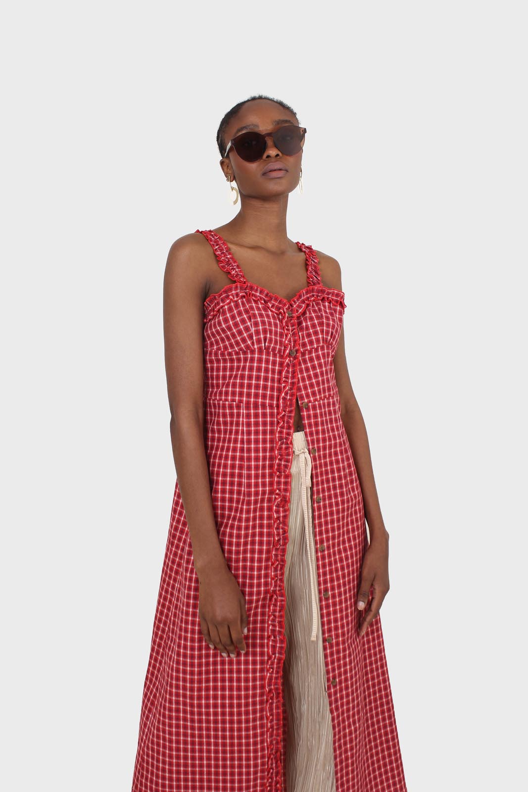 Red checked frill neckline button front midi dress