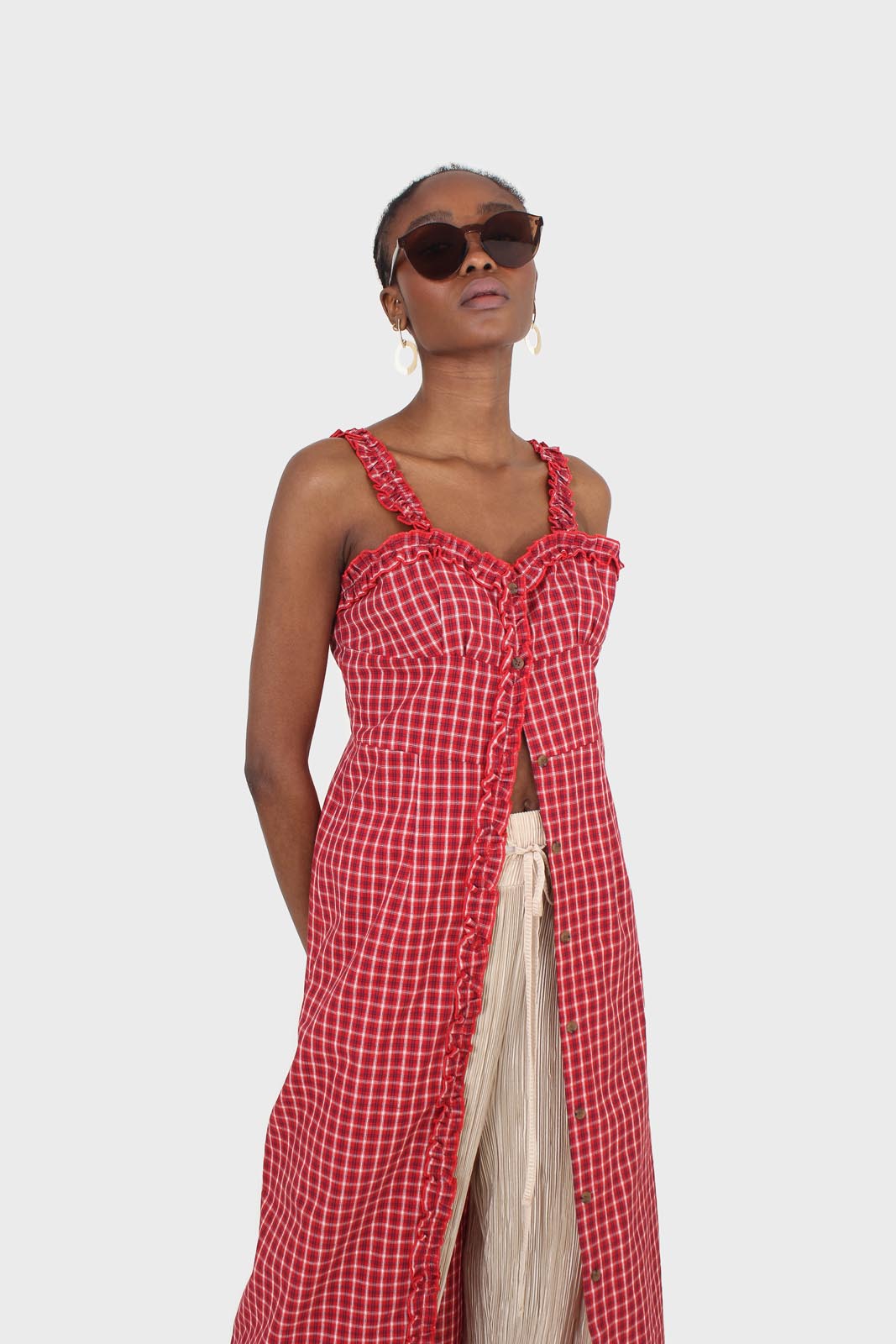 Red checked frill neckline button front midi dress