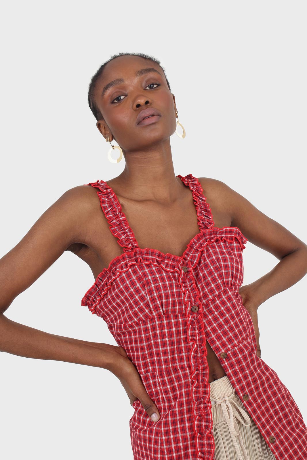 Red checked frill neckline button front midi dress