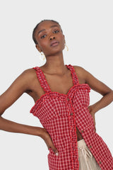 Red checked frill neckline button front midi dress