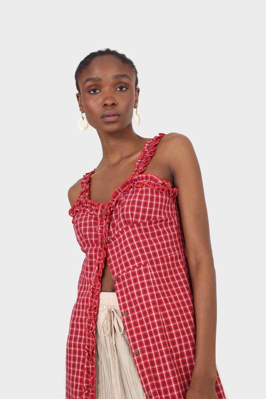 Red checked frill neckline button front midi dress