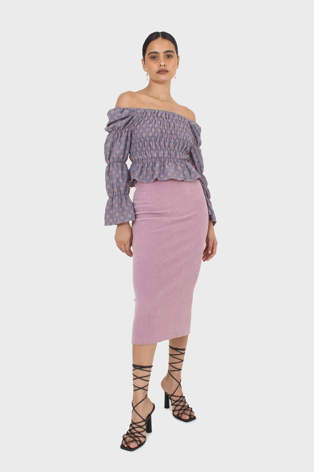 Blue and pink floral print ruched long sleeved top