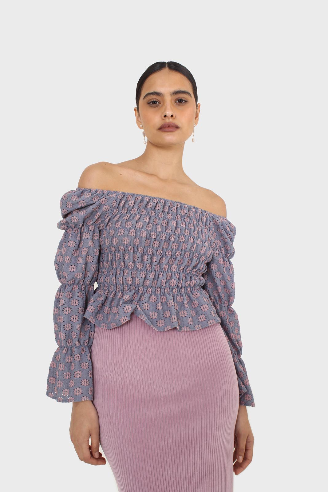 Blue and pink floral print ruched long sleeved top