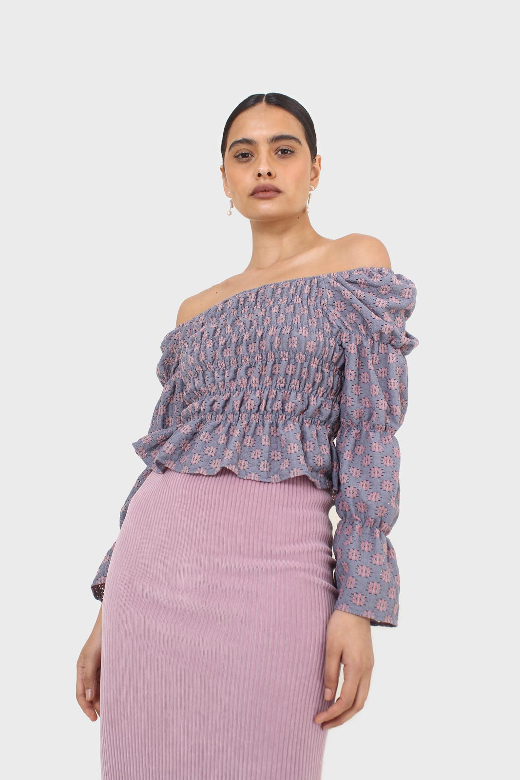 Blue and pink floral print ruched long sleeved top