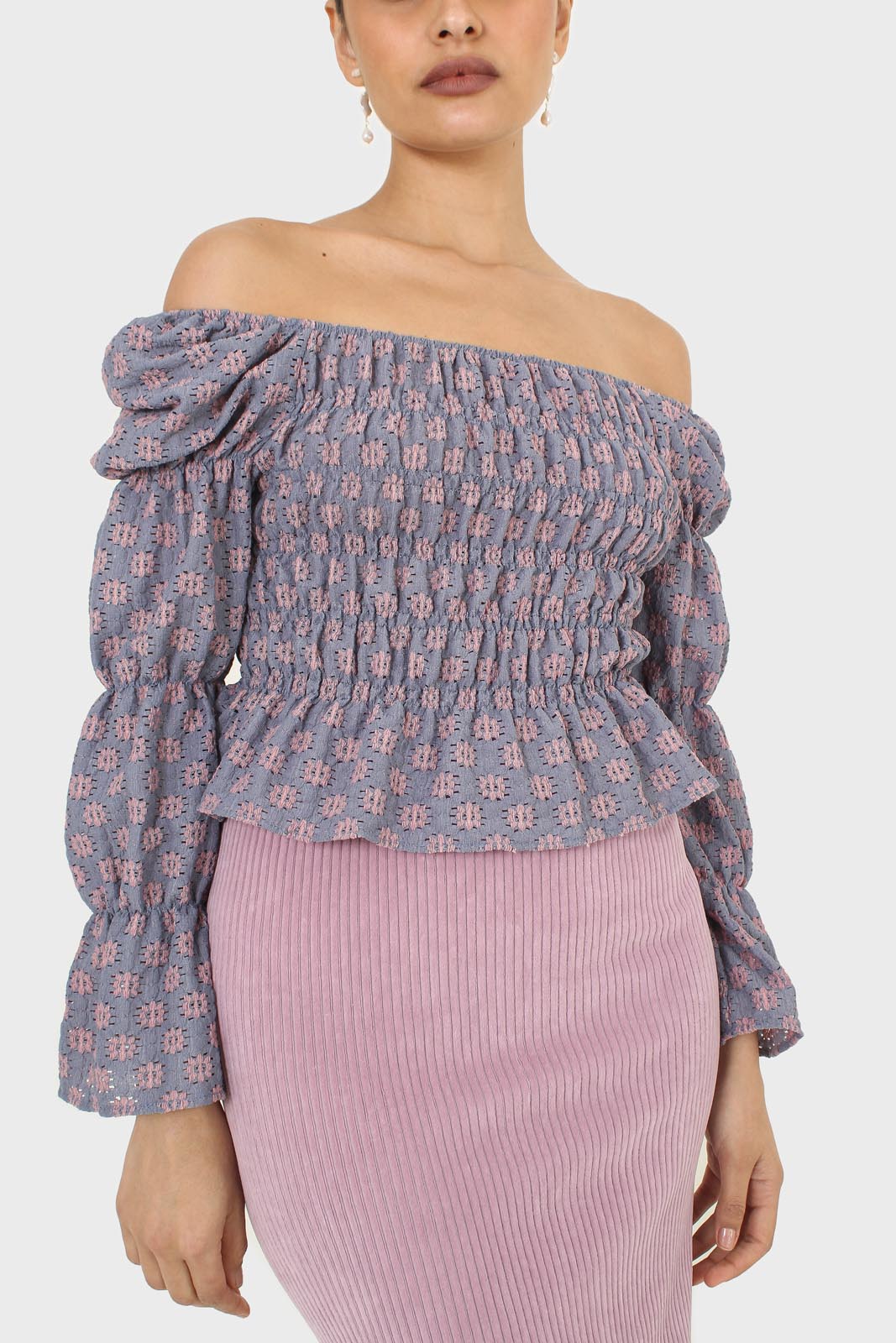 Blue and pink floral print ruched long sleeved top