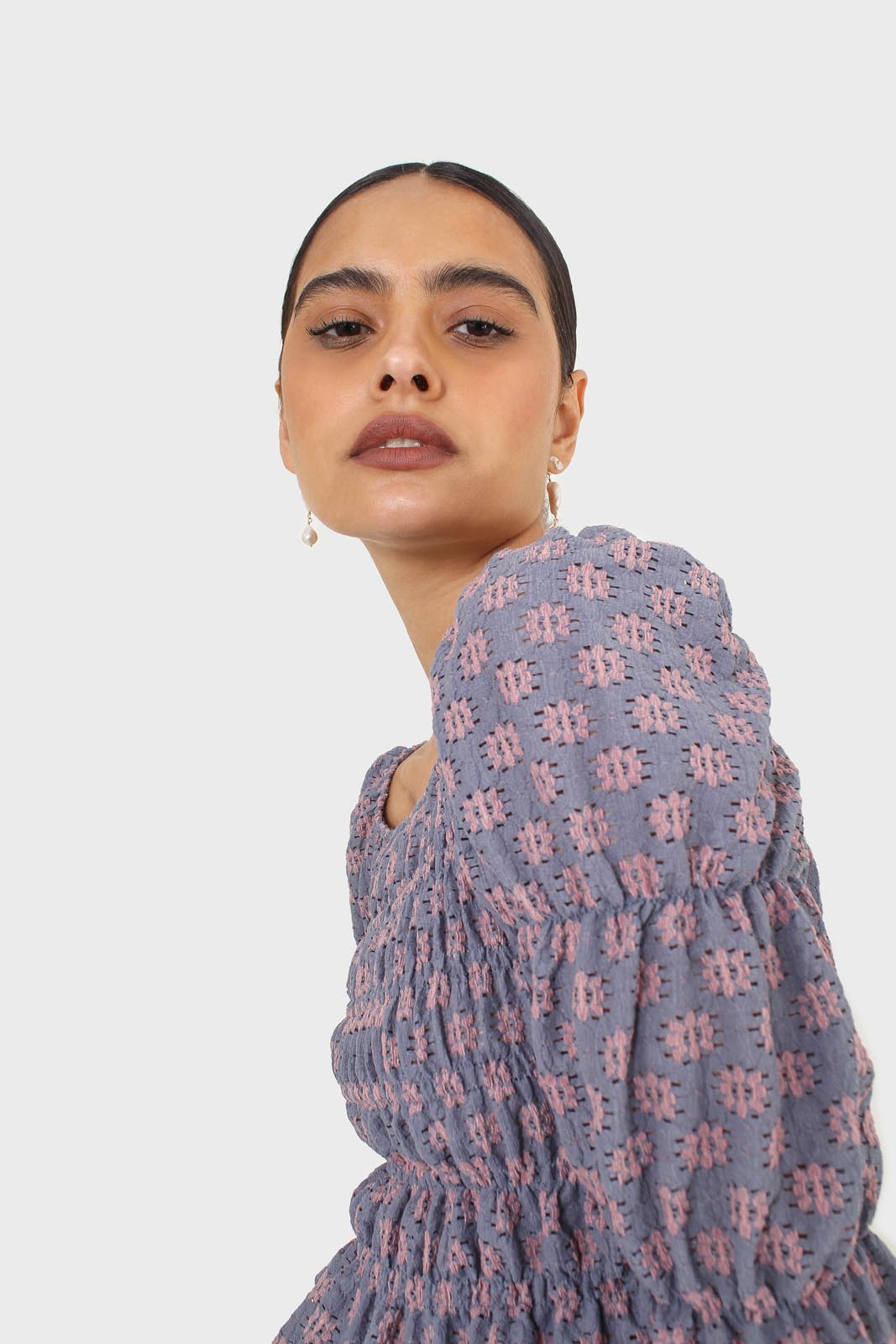Blue and pink floral print ruched long sleeved top