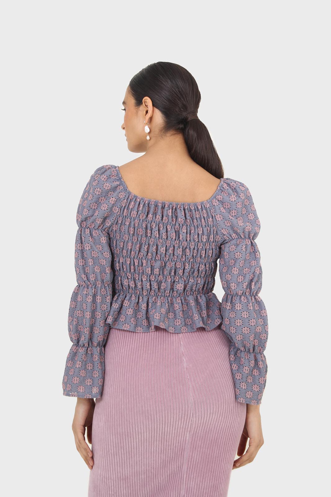 Blue and pink floral print ruched long sleeved top