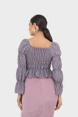 Blue and pink floral print ruched long sleeved top