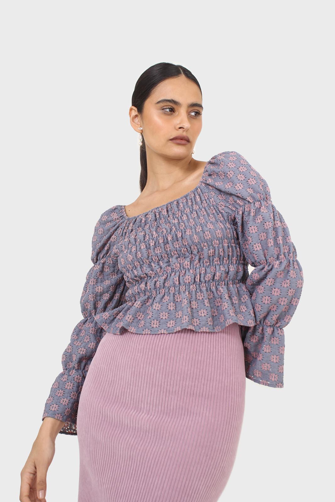 Blue and pink floral print ruched long sleeved top