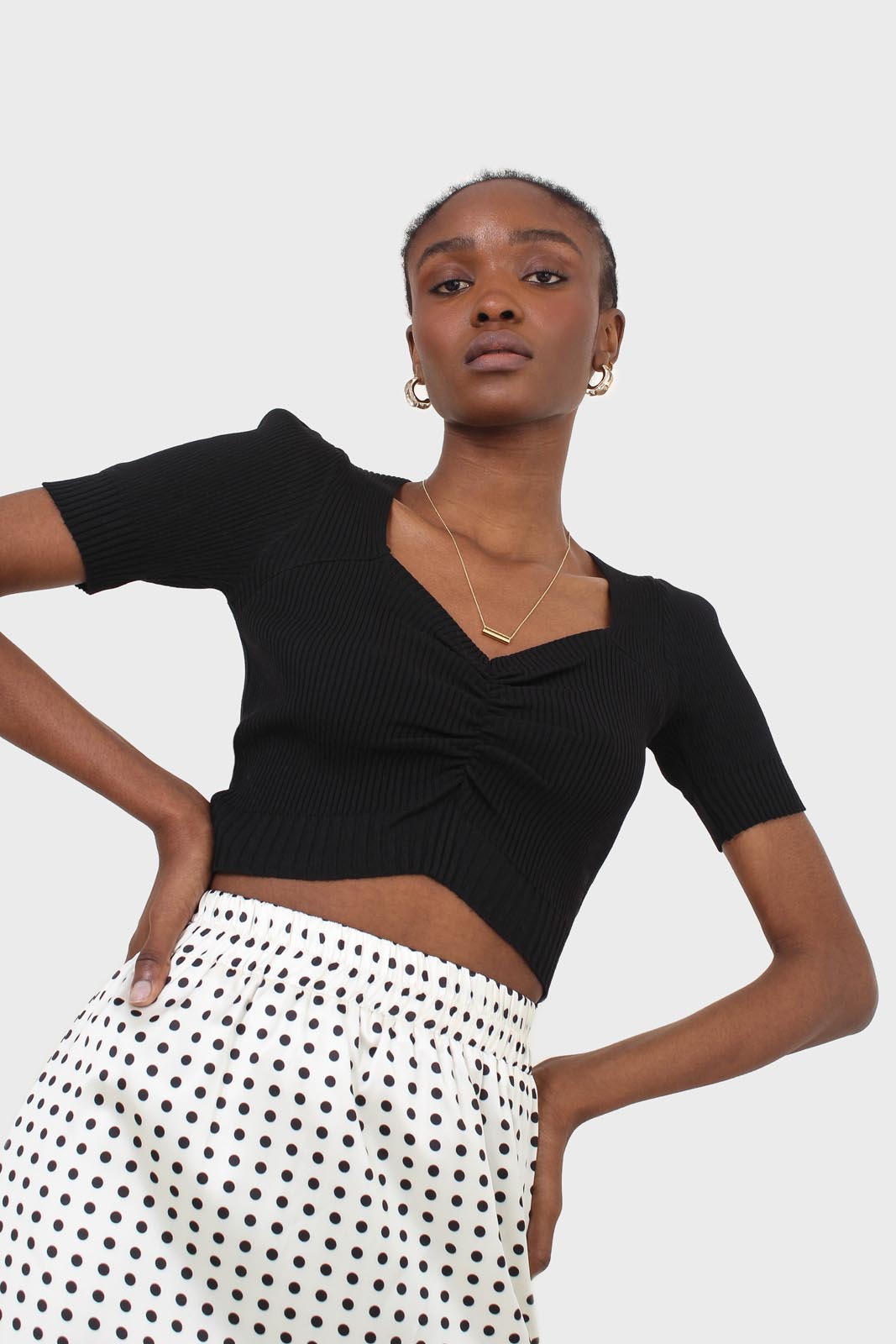 Black ruched front knitted top