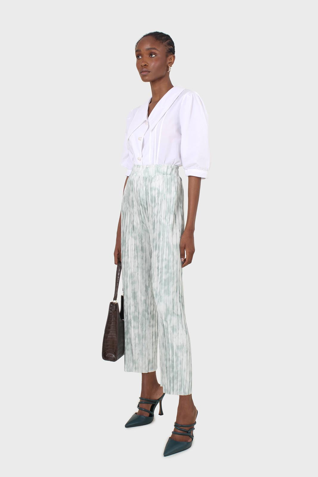Green and ivory ribbed tie dye trousers