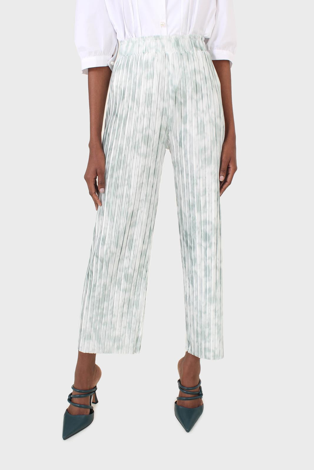 Green and ivory ribbed tie dye trousers