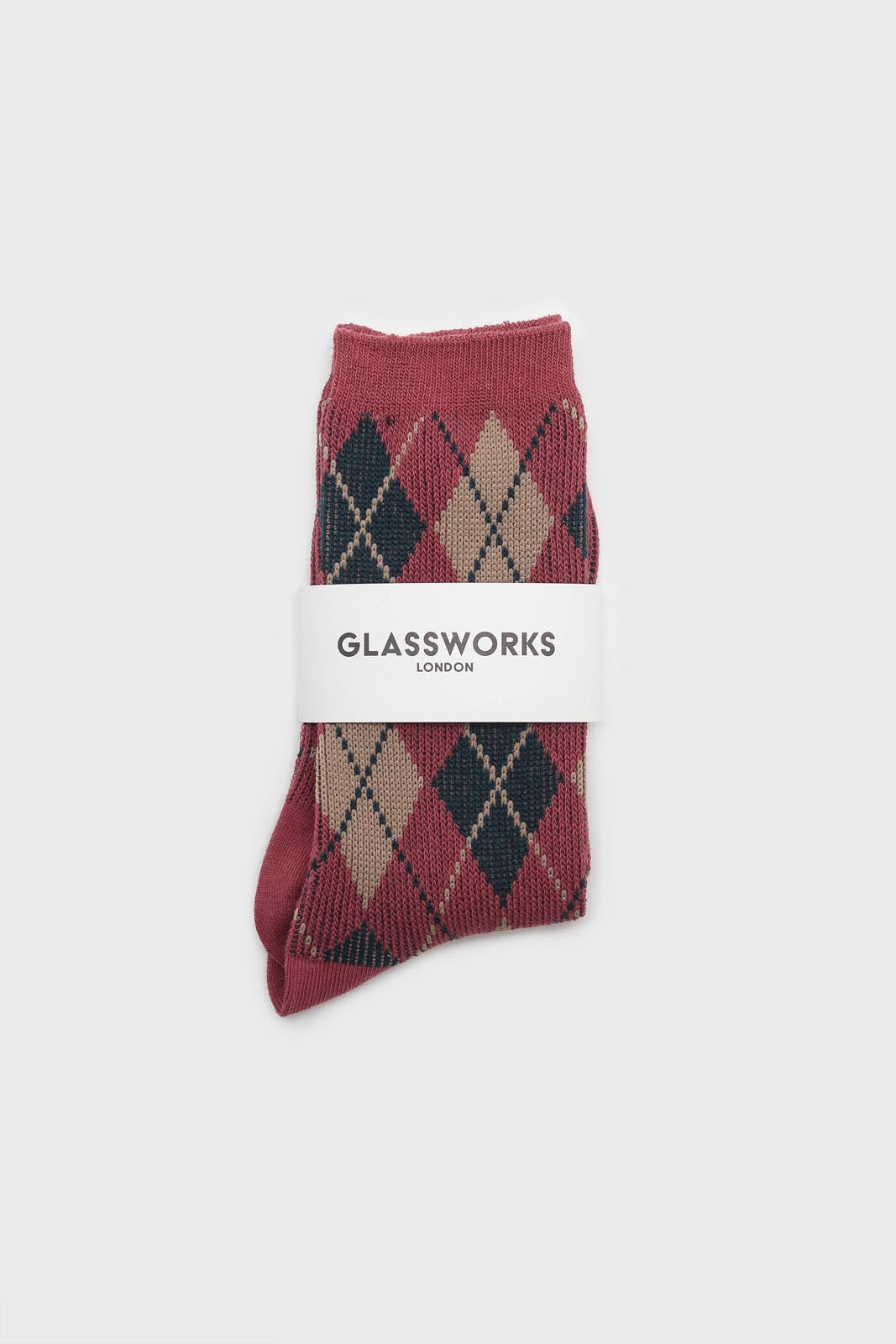 Pink blue and beige argyle socks