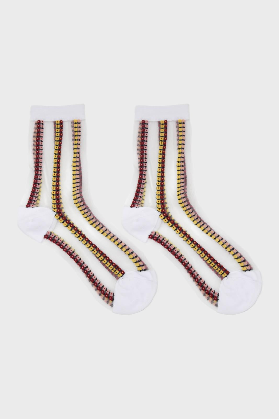 Burgundy and yellow floral stripe sheer socks