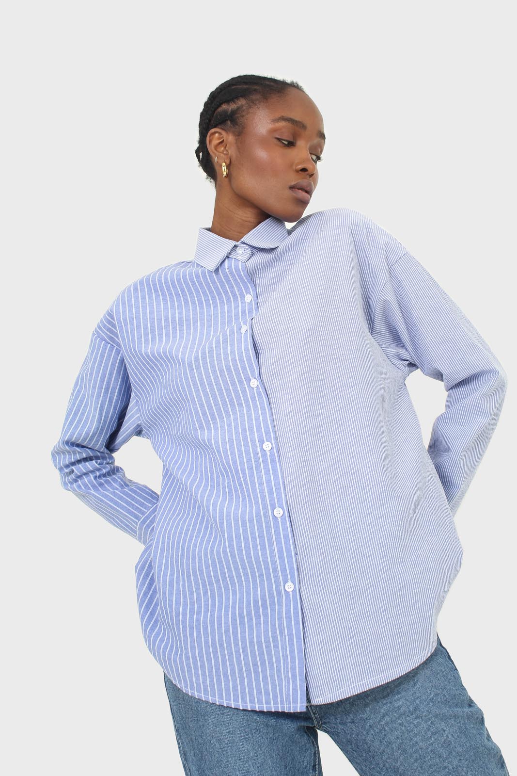 Blue and white multistripe loose fit shirt