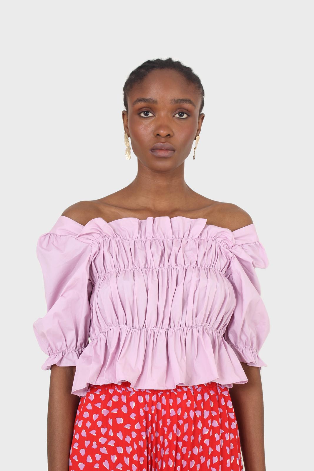 Purple ruched puff sleeve cropped top