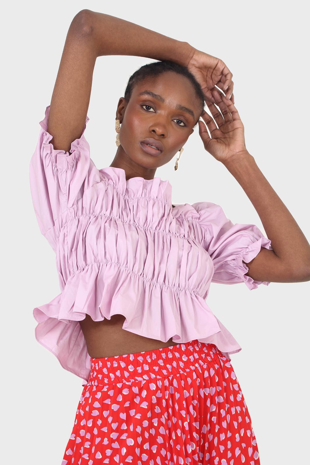 Purple ruched puff sleeve cropped top