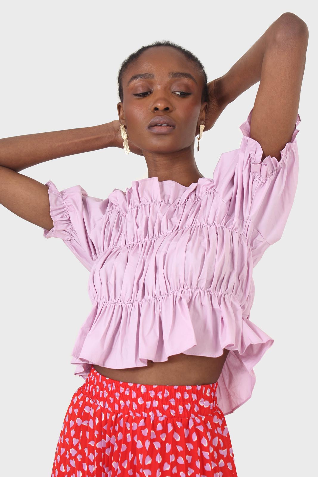 Purple ruched puff sleeve cropped top