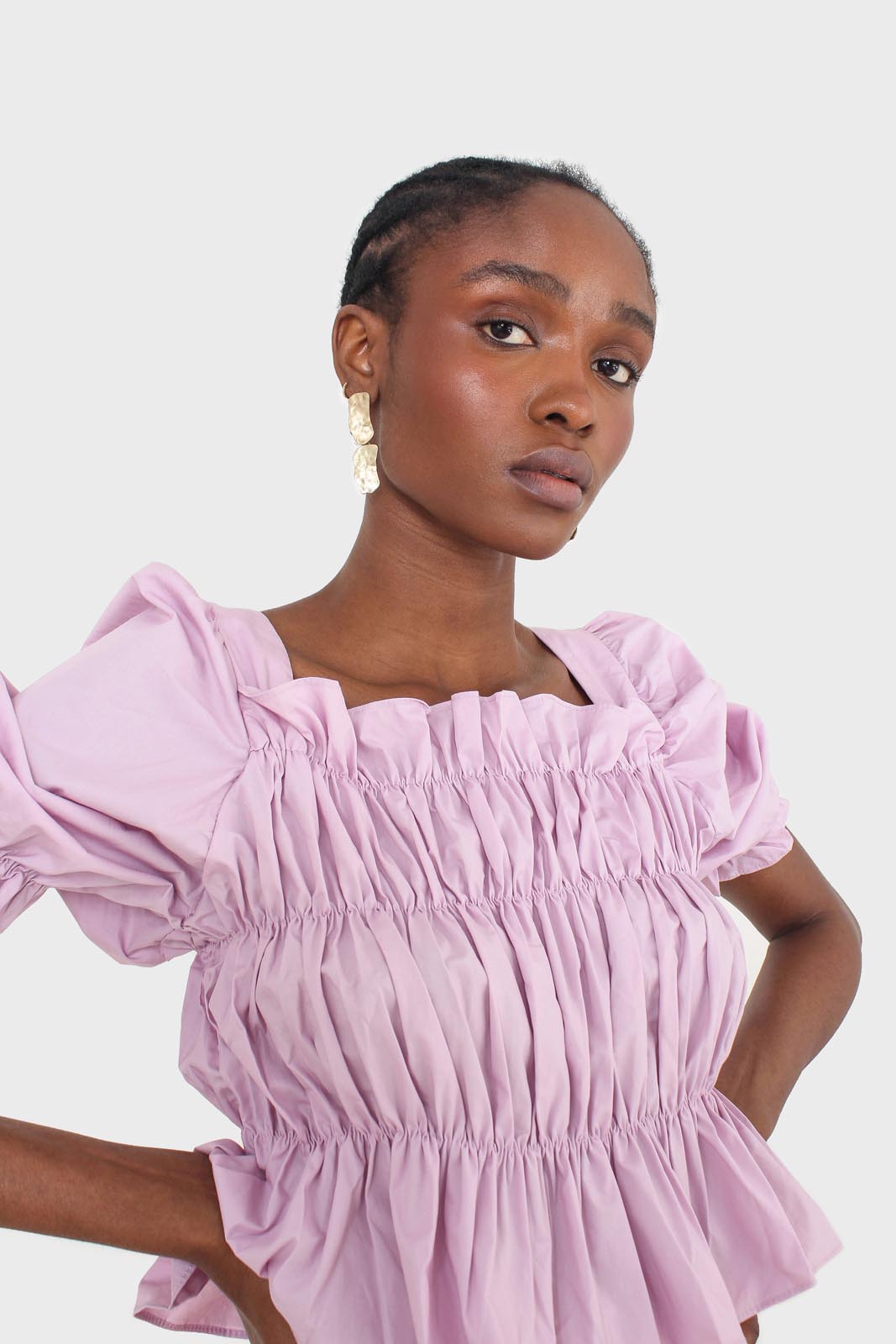 Purple ruched puff sleeve cropped top