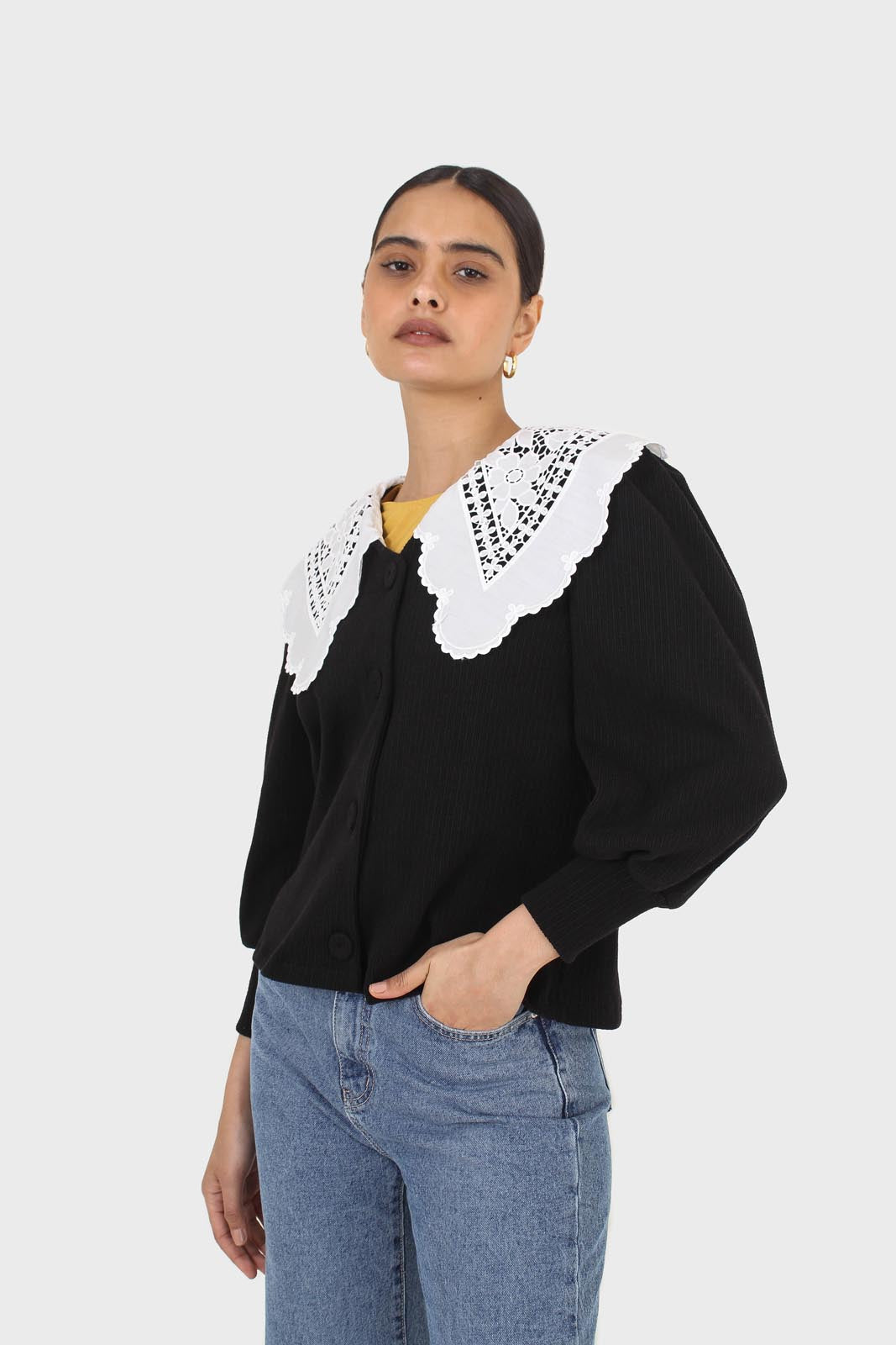 Black and ivory detachable lace collar cardigan