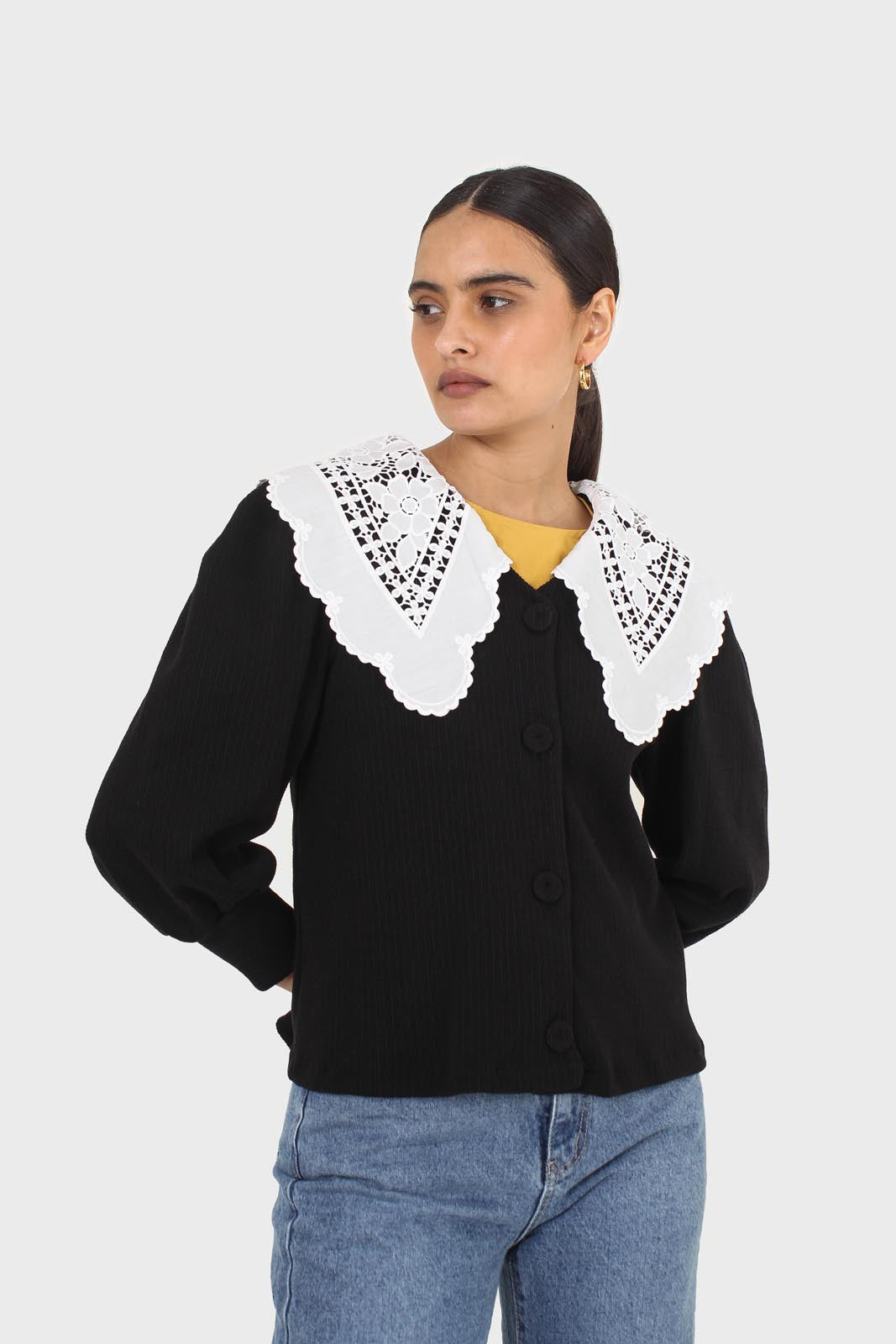 Black and ivory detachable lace collar cardigan