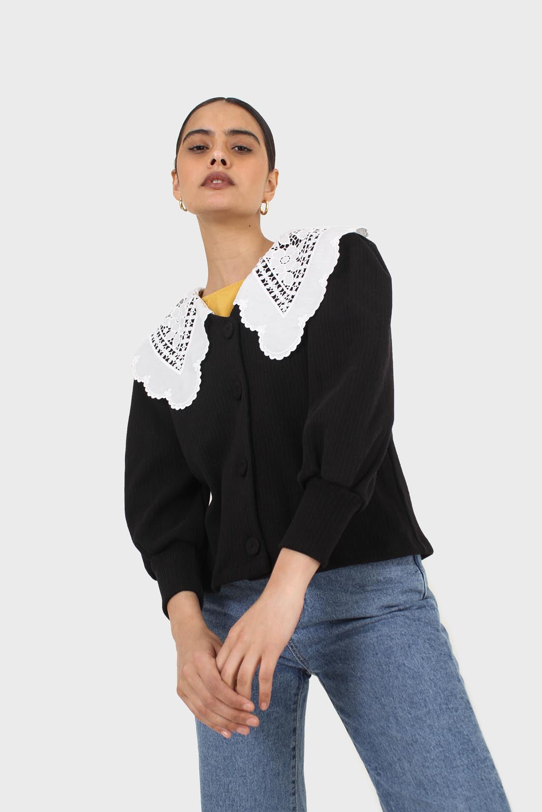 Black and ivory detachable lace collar cardigan