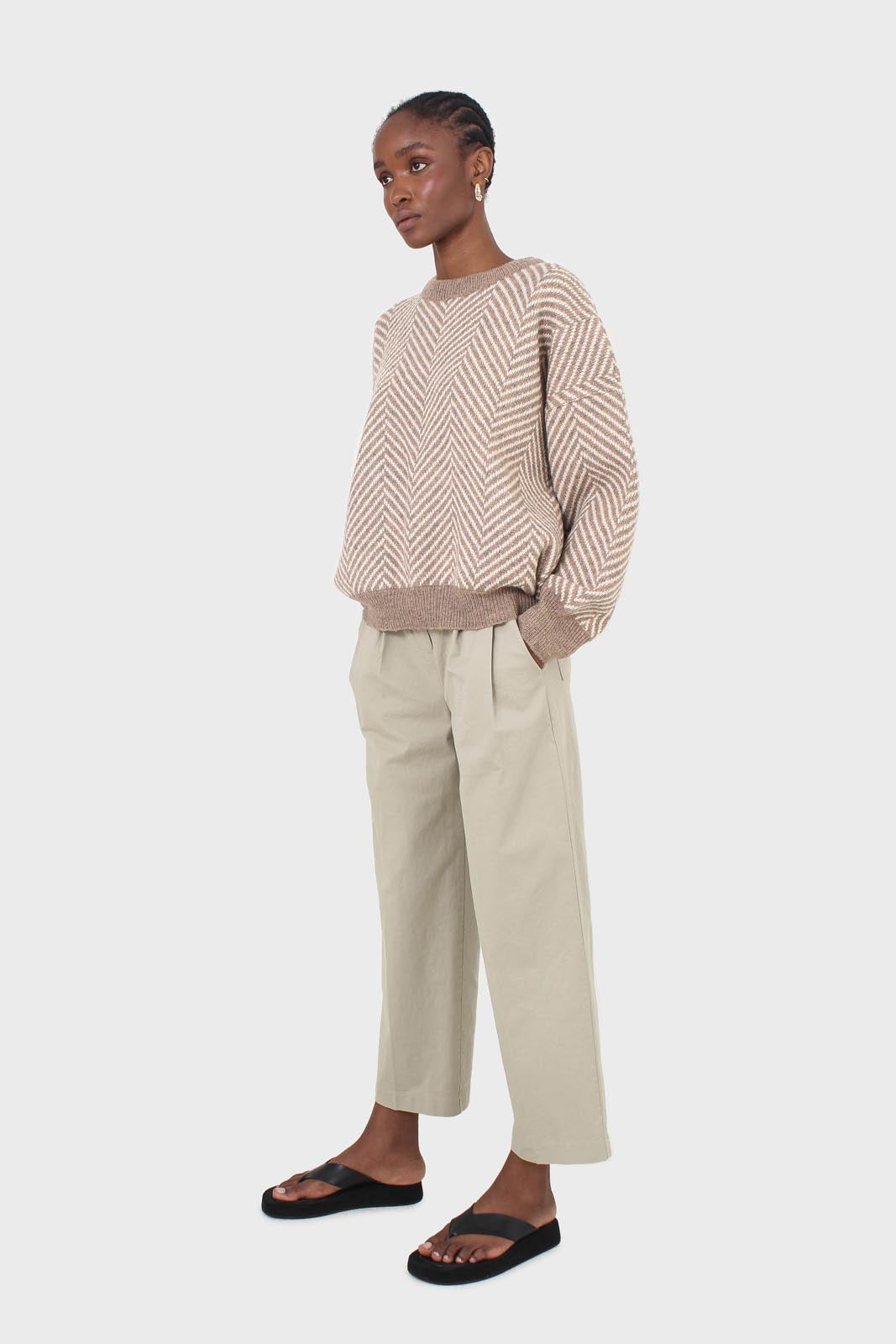 Khaki pleat front adjustable waistband trousers