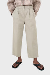Khaki pleat front adjustable waistband trousers