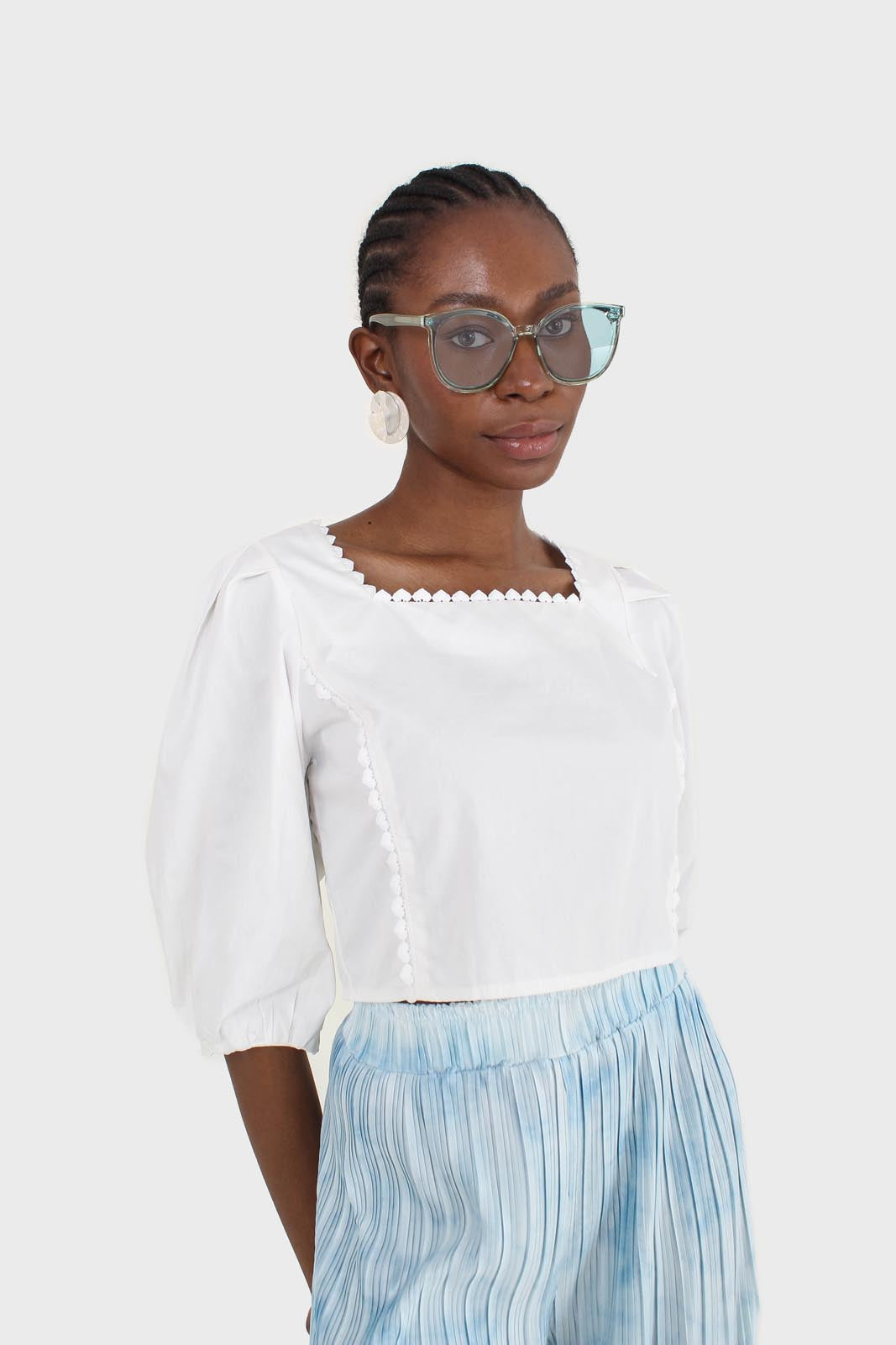 Ivory square neckline princess seam lace blouse