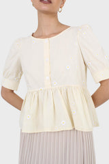 Yellow embroidered daisies peplum blouse