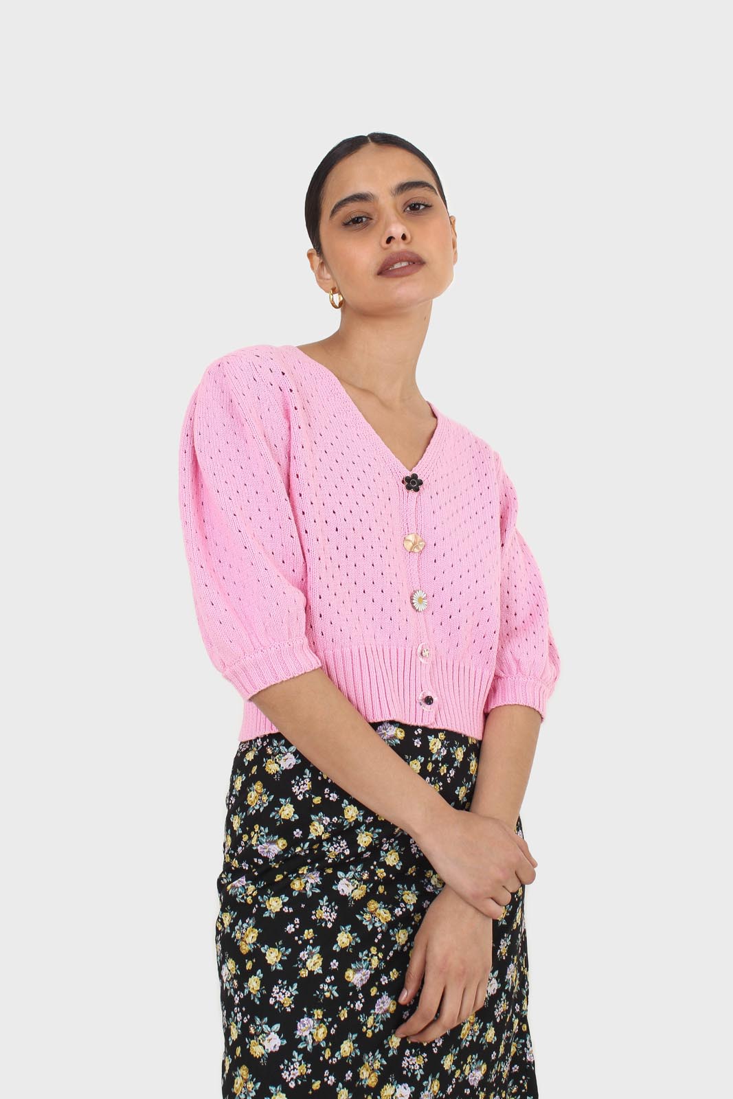 Pink flower button cardigan