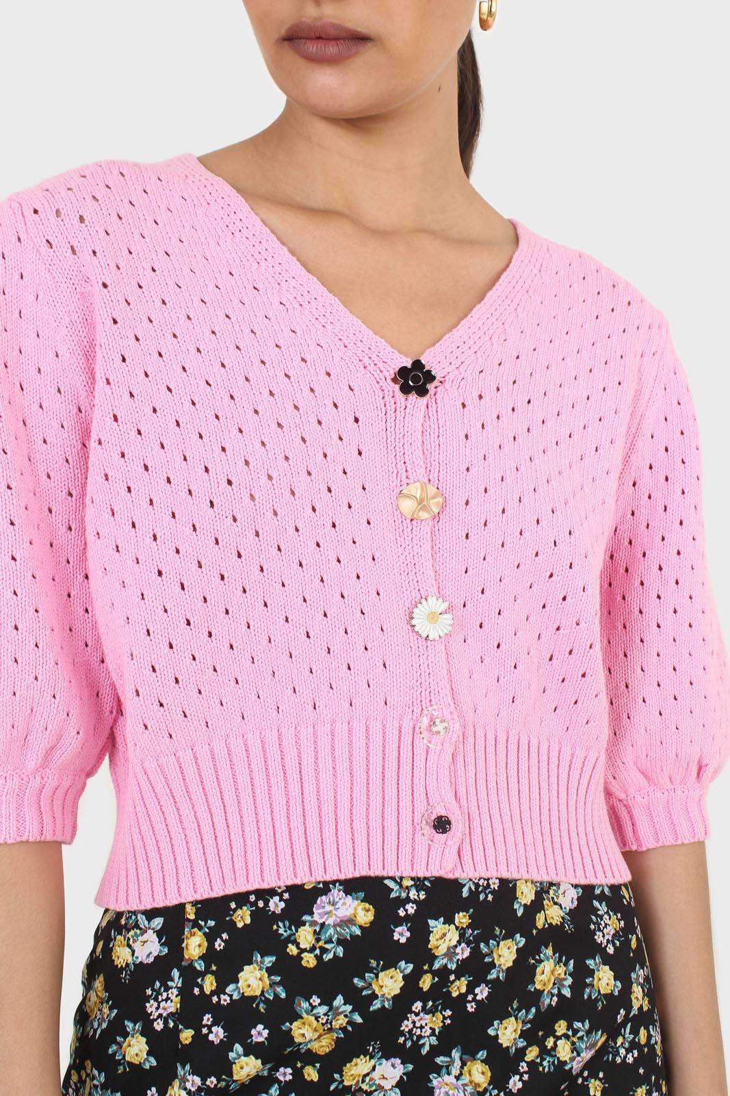 Pink flower button cardigan