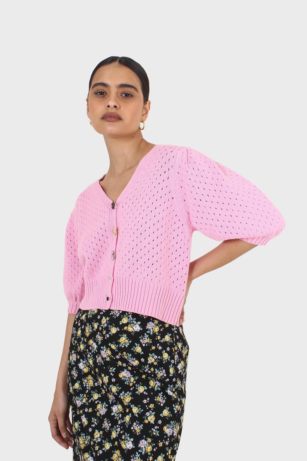 Pink flower button cardigan