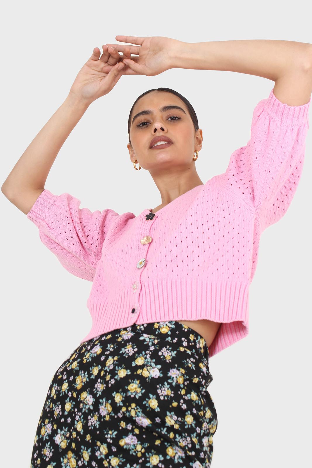 Pink flower button cardigan