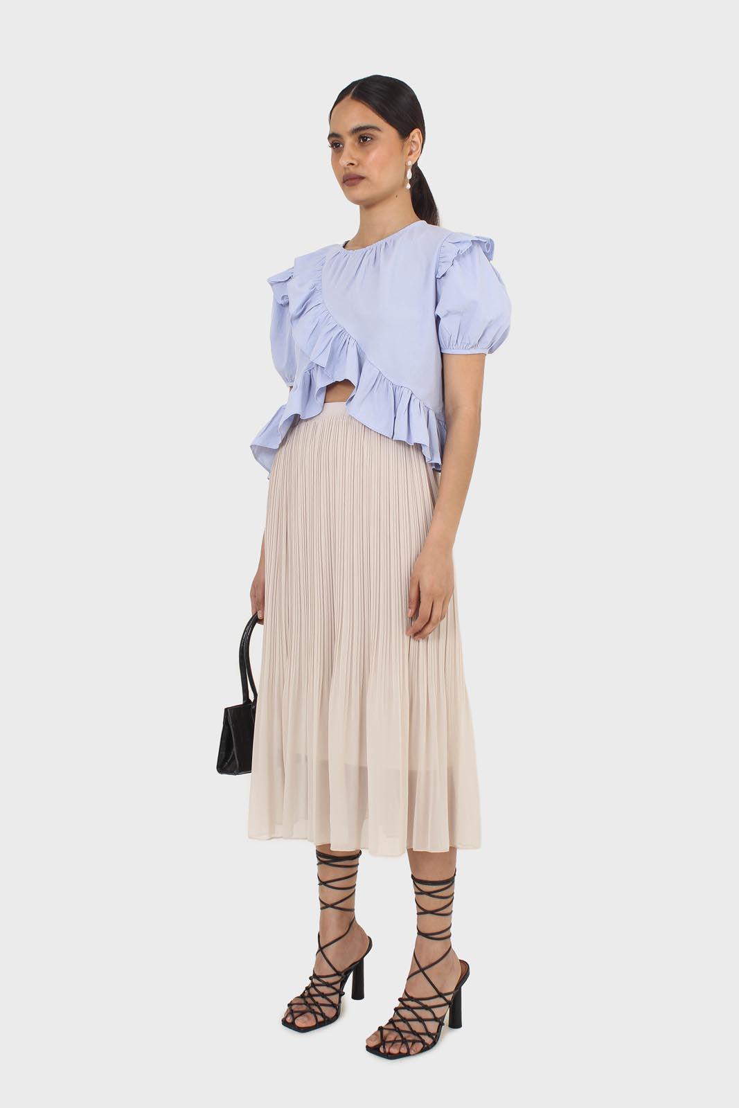 Sky blue asymmetric frill short sleeved top