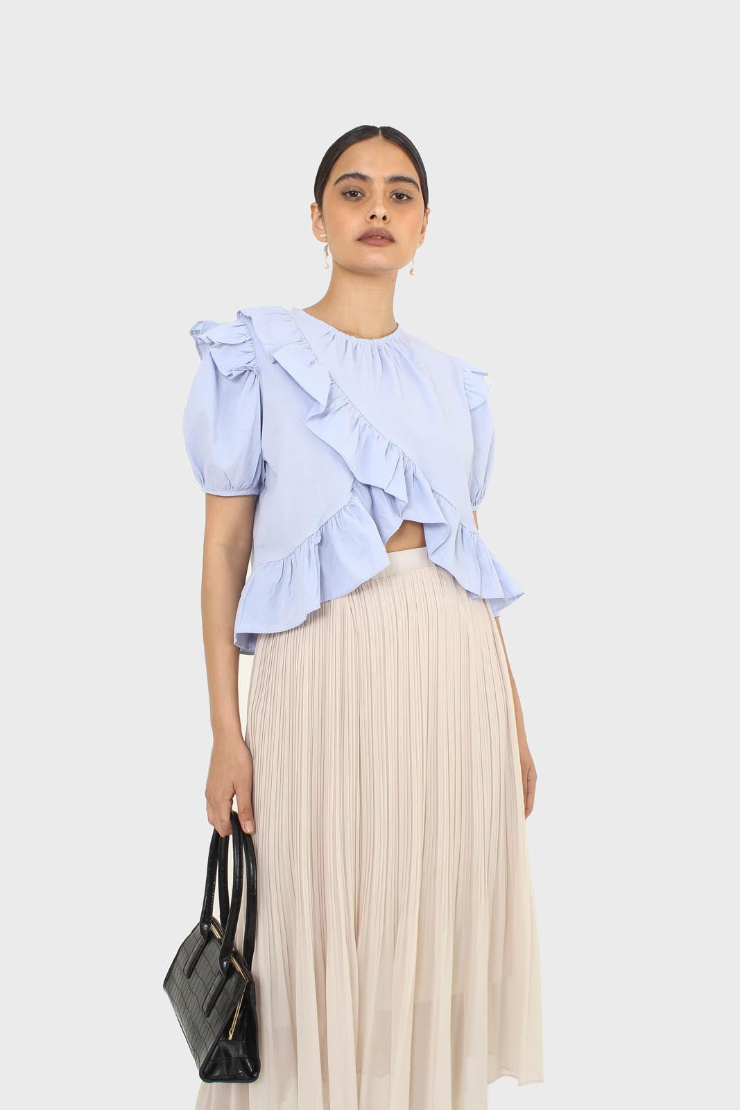 Sky blue asymmetric frill short sleeved top