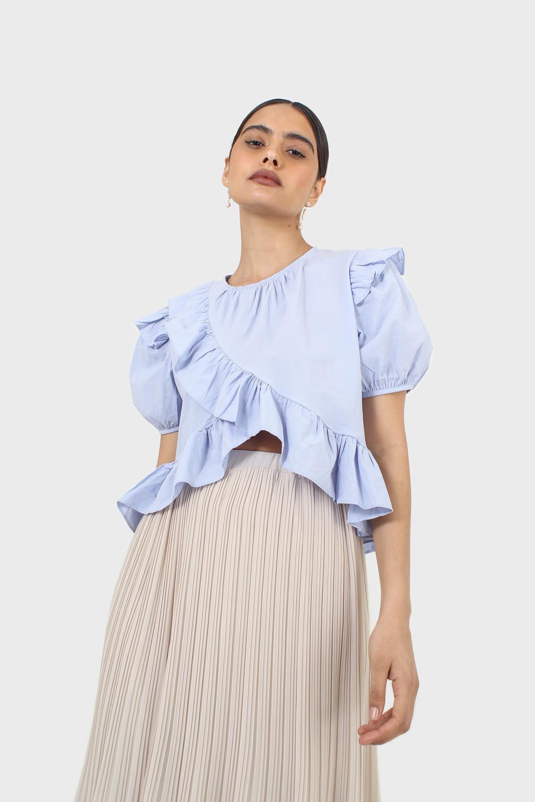 Sky blue asymmetric frill short sleeved top
