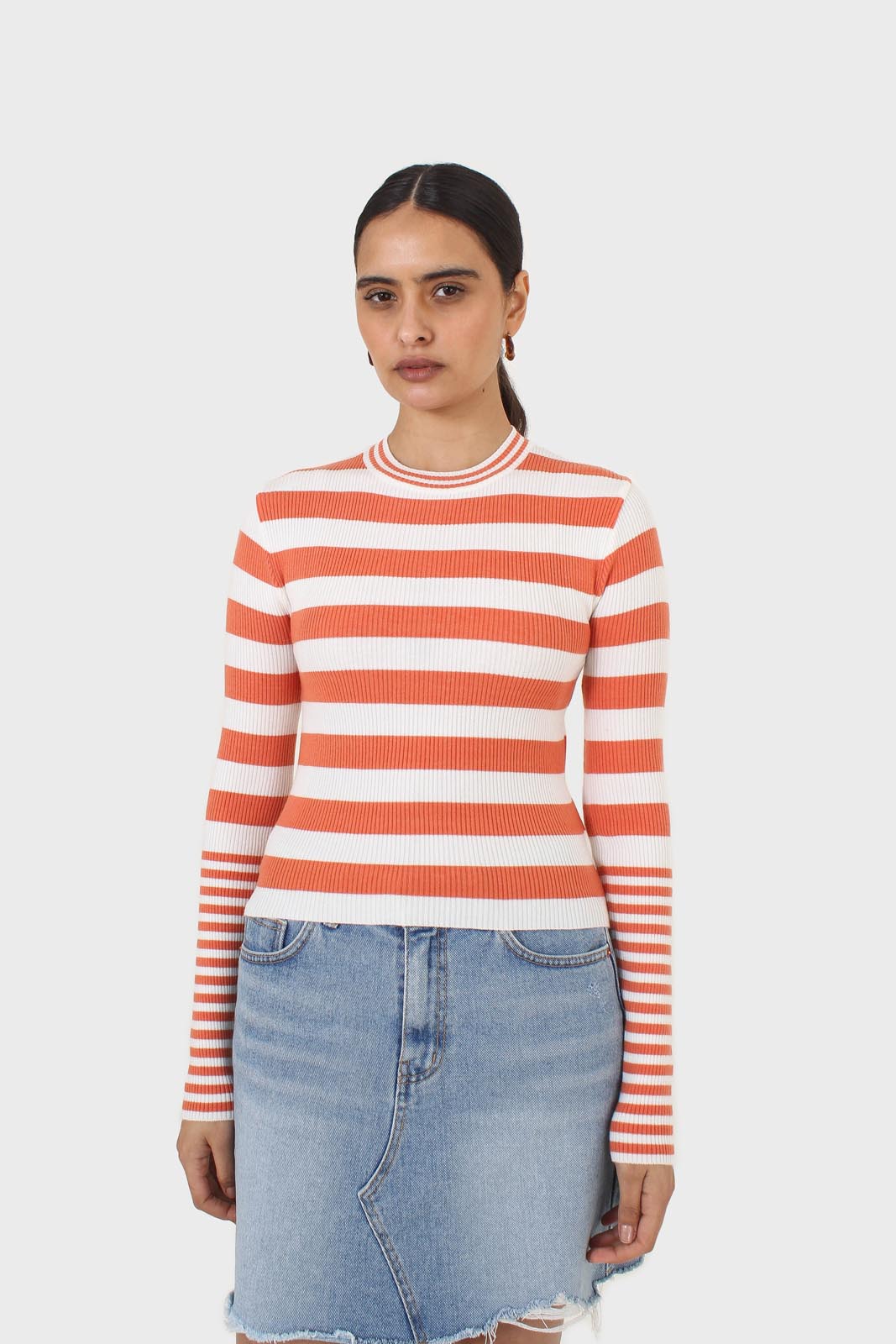 Orange and white breton stripe long sleeved top