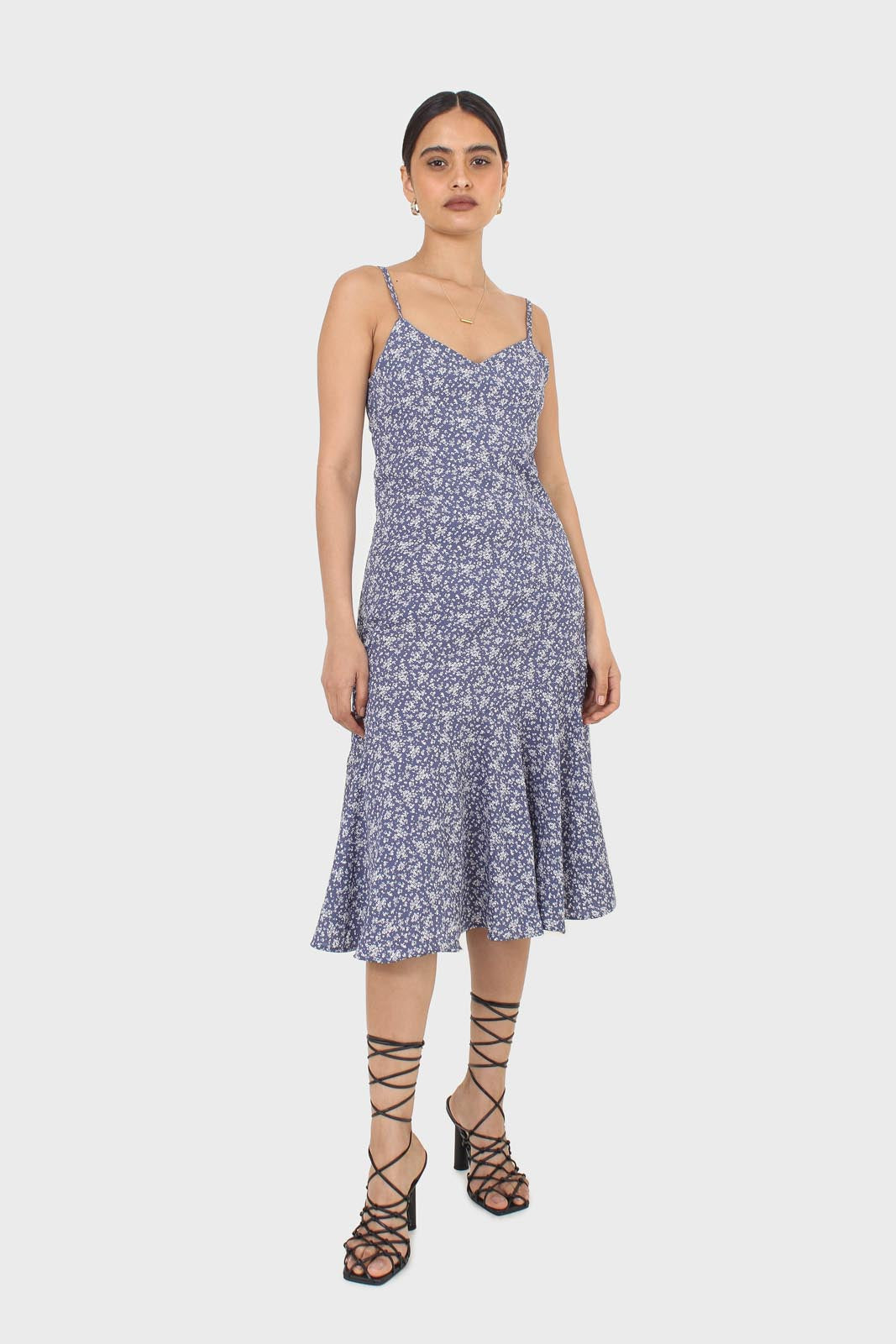 Blue floral spaghetti strap midi dress