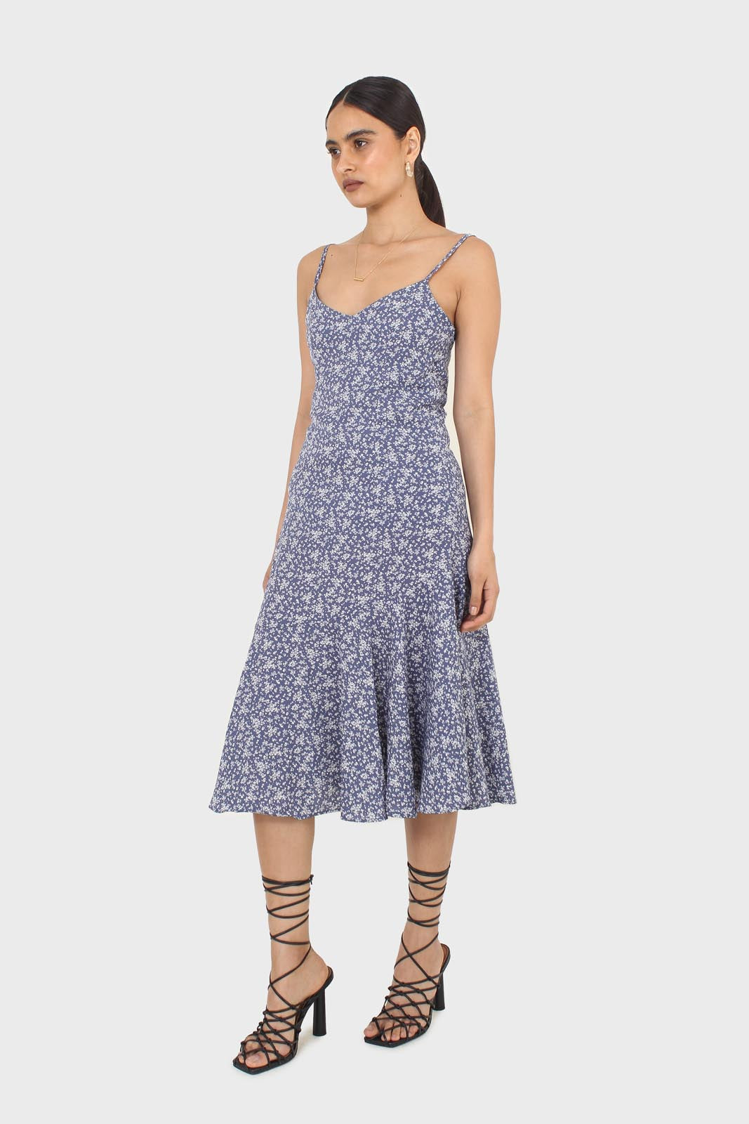 Blue floral spaghetti strap midi dress