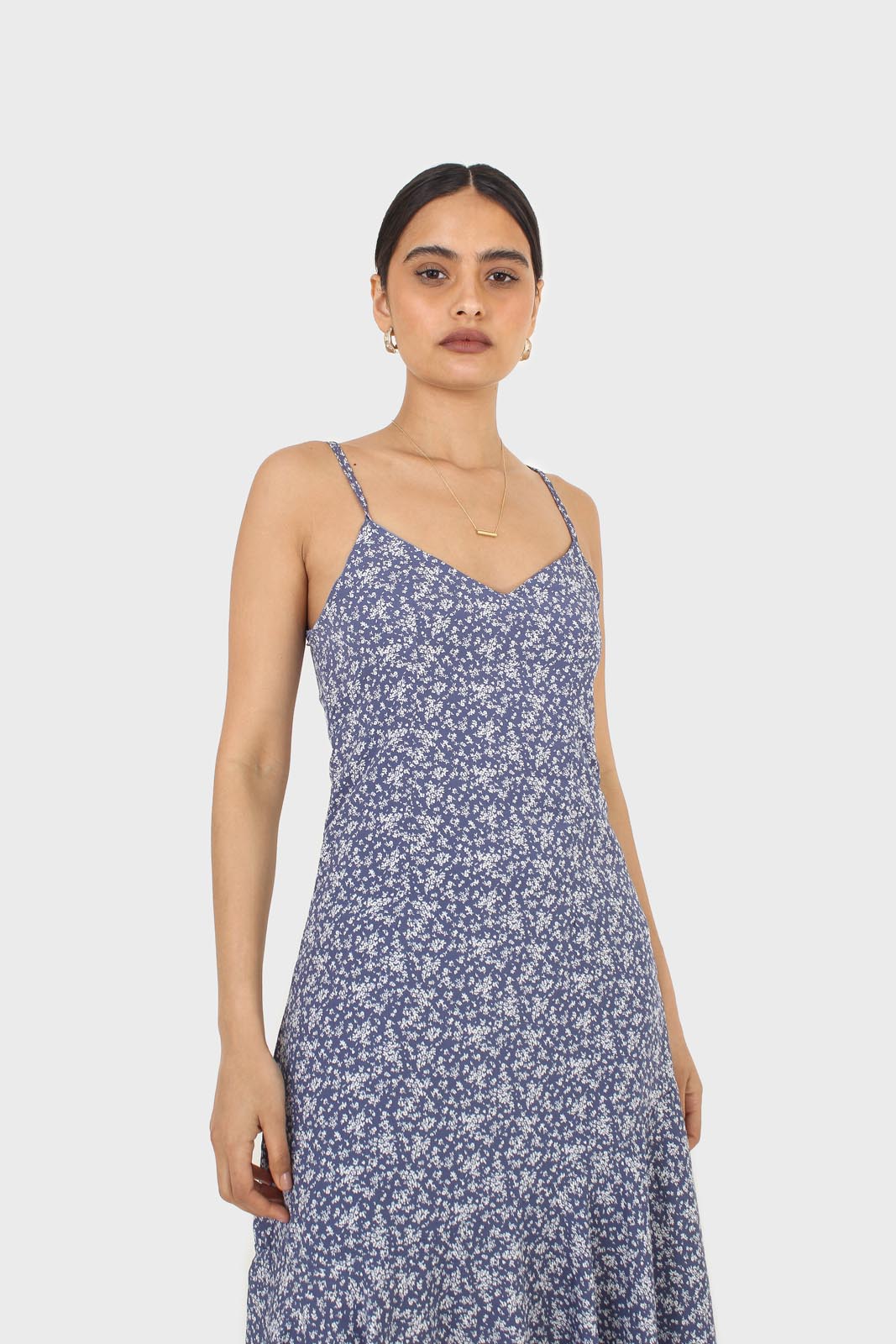 Blue floral spaghetti strap midi dress