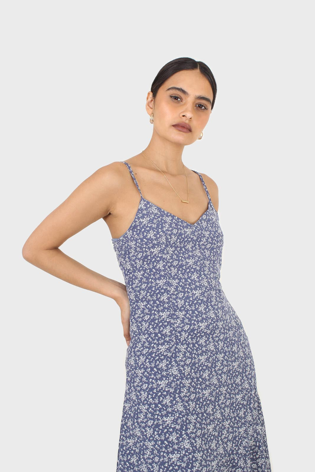 Blue floral spaghetti strap midi dress