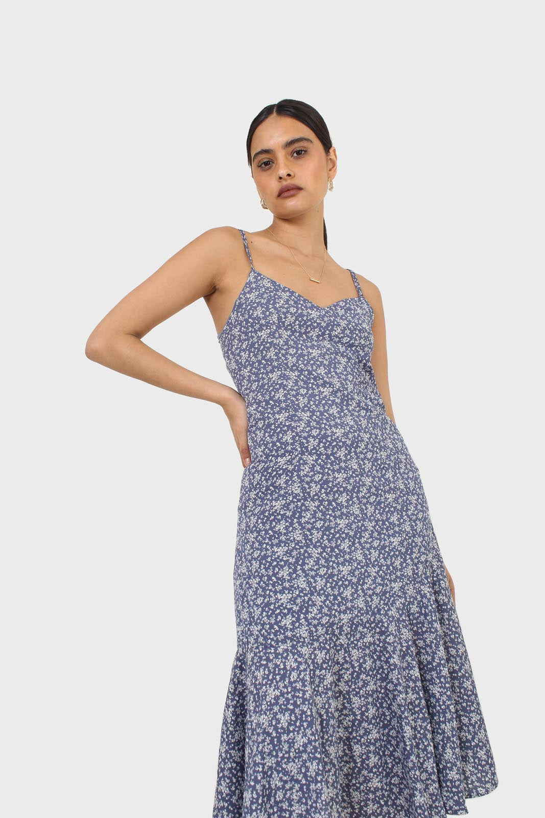 Blue floral spaghetti strap midi dress