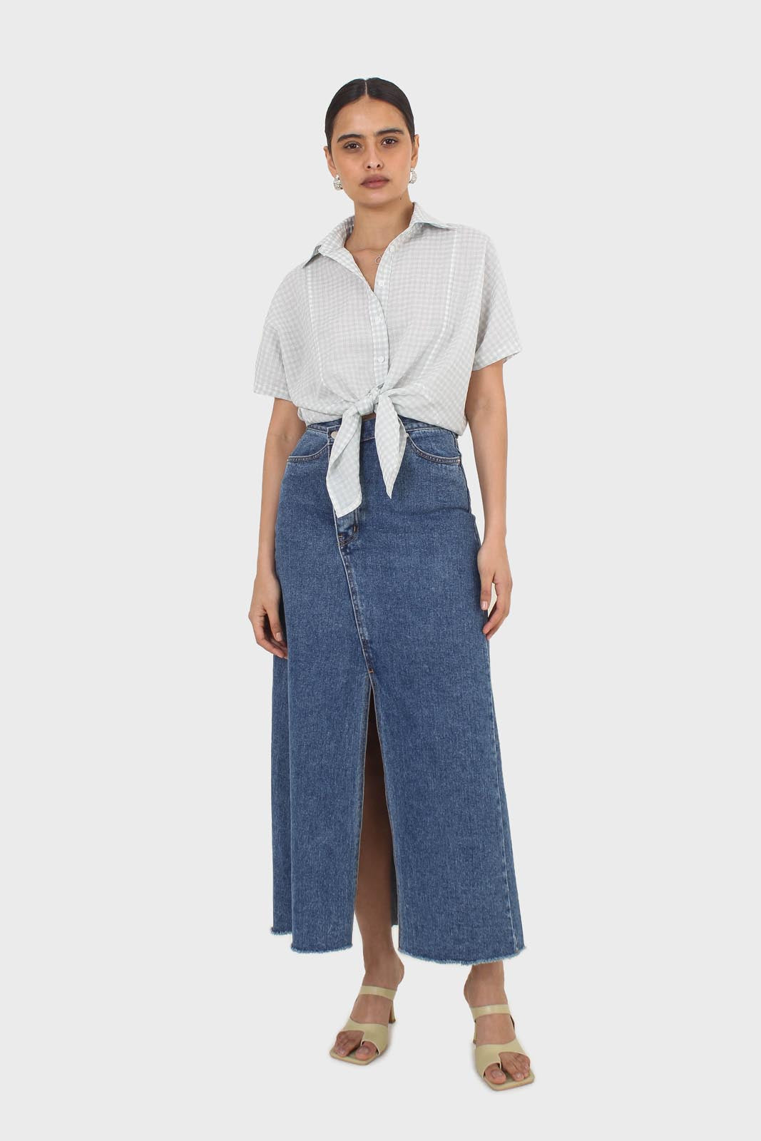 Mint and ivory gingham tie front shirt