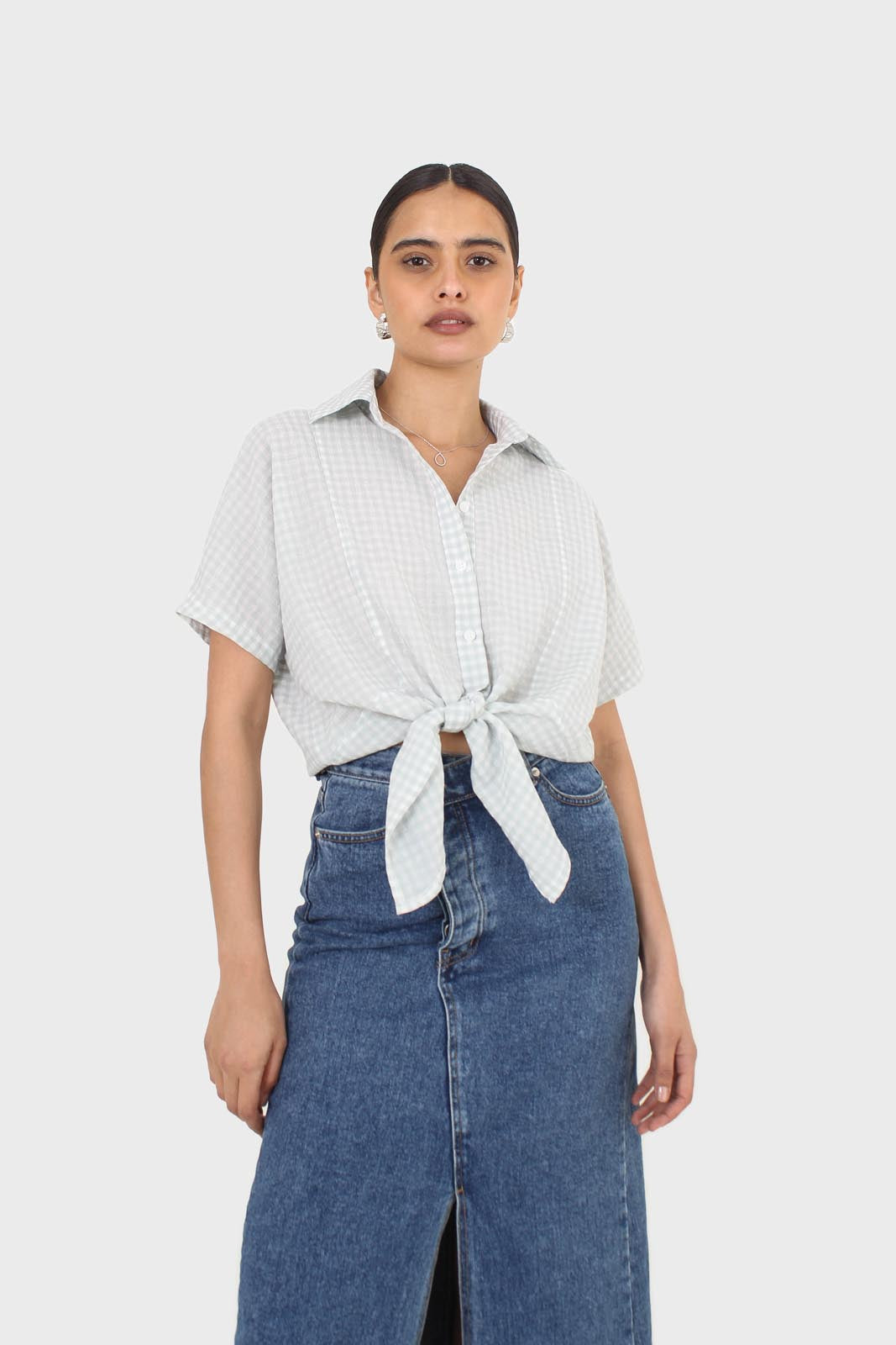 Mint and ivory gingham tie front shirt