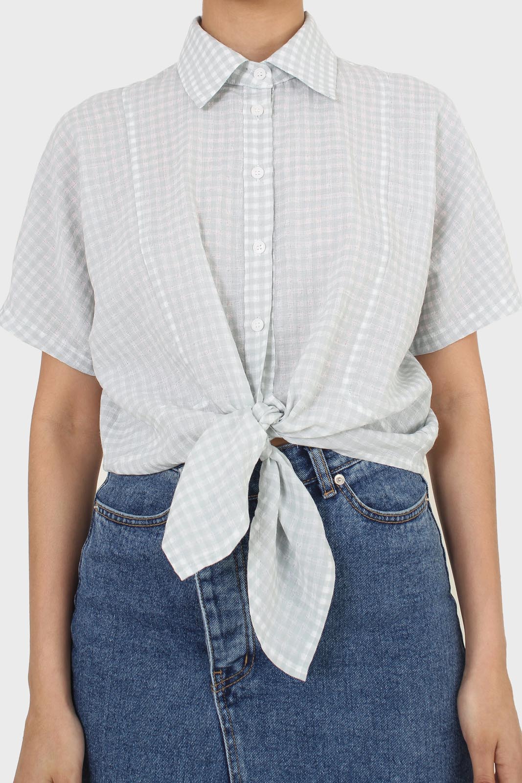 Mint and ivory gingham tie front shirt