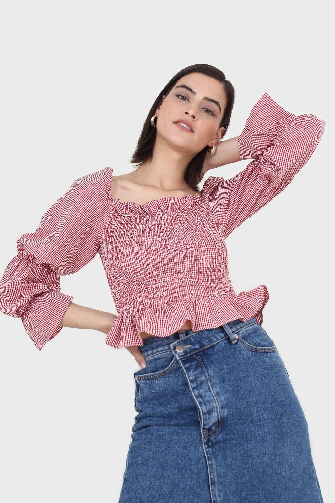 Red and white gingham ruched blouse