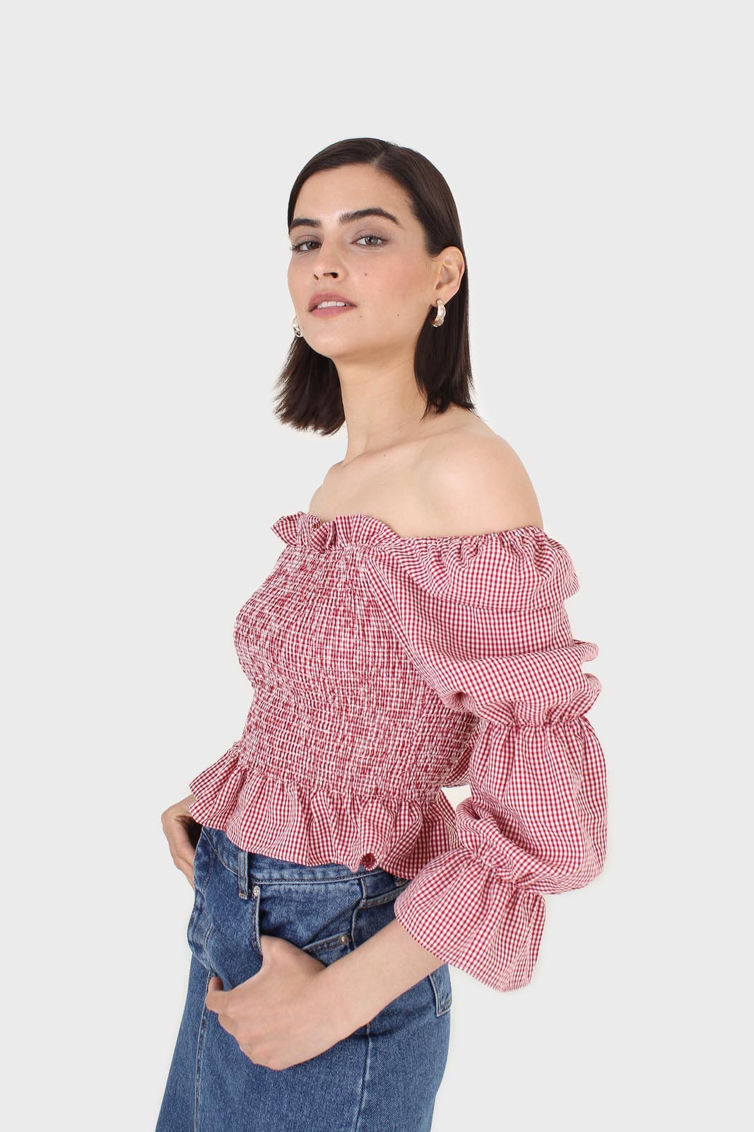 Red and white gingham ruched blouse